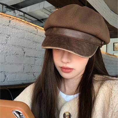 หมวกวินเทจสำหรับผู้หญิง หมวกเบเกอร์บอยขอบหนังเทียมสีน้ำตาล หมวกแท็กซี่ทรงแปดเหลี่ยมย้อนยุค อุปกรณ์แฟชั่นที่อบอุ่น เหมาะสำหรับสวมใส่กลางแจ้งประจำวัน