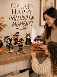 Personalized Name Halloween Standing Decor, Custom Desktop Ornament With Ghost, Witch, Pumpkin, Cat, Scarecrow And Grim Reaper Characters, Bookshelf Fireplace Mantel Decoration, Halloween Party Tabletop Display, Suitable For Home, Friends And Halloween Enthusiasts Home Decor - Multicolor - View 2