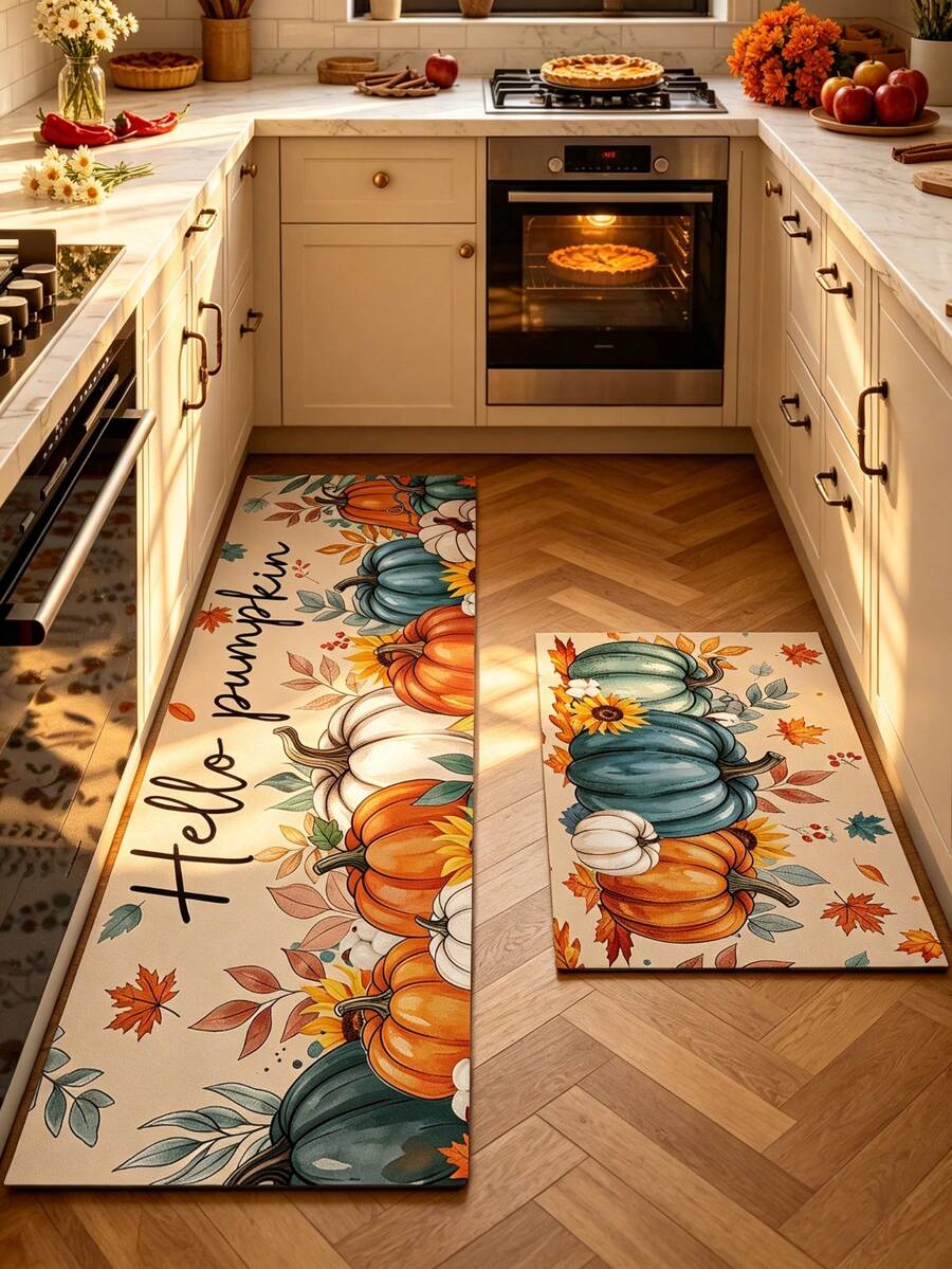 1/2pcs Thanksgiving Pumpkin Pattern, Vintage Diatomaceous Earth Mat, Super Absorbent, Non-Slip, Perfect For Bathroom, Kitchen And Dining Room, Quick Drying, Perfect Gift For Home Decor And Bathroom Mat, Thanksgiving Holiday Gift! - Multicolor - View 1