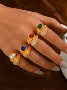 1pc Vintage Woven Pattern Copper Material Inlaid Colorful Teardrop Zirconia Open Ring, Women's Evening, Wedding, Party, Holiday Gift Accessory - Multicolor - View 4