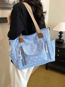 New Korean Style Gentle Polka Dot Bow Decor Large Capacity Multi-Pocket Shoulder Bag, Retro Sweet Lazy Casual Versatile Colorblock Detachable Long Strap Tote Bag, Suitable For Students, Classroom, Commuting, Work, Daily, Shopping, Vacation, Travel - Multicolor - View 6