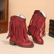 Sepatu Boots Anak Perempuan Gaya Western dengan Rumbai, Hak Tinggi, Nyaman dan Serbaguna, Desain Colorblock, Ujung Runcing, Resleting Samping, Panjang Tengah Betis, Kasual - Merah - View 2