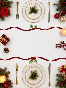 1pc Red Christmas Tablecloth, Floral And Bow Design, Rectangular Christmas Dining Tablecloth, Suitable For Holiday Parties, Kitchen And Home Decor - Multicolor - View 3