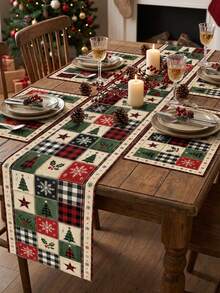 Christmas Patchwork Plaid Table Runner And Placemat Set, Christmas Tree Snowflake Holly Print Polyester Table Decor, Washable And Reusable, Christmas Party Home Decoration, Multiple Sizes Available - A - View 2