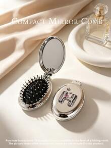 1pc/Mini Portable Foldable 2-In-1 Air Cushion Comb Mirror, Electroplated Metal Shell, Carry Mirror Air Cushion Comb; Luxury Minimalist Style, Silver 26 Letter Star Embossed Oval Shape, Flip Cover Integrated Design, Makeup Touch-Up And Hair Smoothing Dual-Use Makeup Comb, Commuting, Business Trip, Travel, Gift, Daily Use - Portable Cushion Brush With Mirror - View 4
