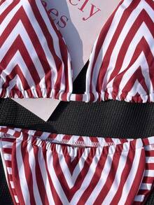 Red & White Striped Halter Tie Bikini, Sexy Two-Piece Swimsuit For Beach Vacation - Multicolor - View 4
