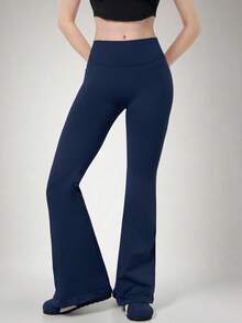 NcmRyu Celana Panjang Wanita 1 Potong Warna Blok dengan Lipatan Pinggang Tinggi untuk Lari, Gym, dan Yoga dengan Potongan Kaki Melebar - Navy Blue - View 7