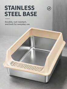 1pc Large Capacity High-Wall Thickened Semi-Enclosed Open-Entry Anti-Splash Anti-Tracking Cat Litter Box, Stainless Steel Inner Basin With Plastic Guard, Minimalist Modern Cream White And Silver Metal Base, Rectangular Rounded Corner High-Side Structure, Front Sand-Catching Pedal, Fine Sifting Holes, Stable Base, Smooth Inner Walls, Wear-Resistant Durable Rust-Proof Easy-Clean Detachable Washable, Reduces Litter Scatter And Tracking, Easy Access Large Space Cat Toilet - Multicolor - View 11