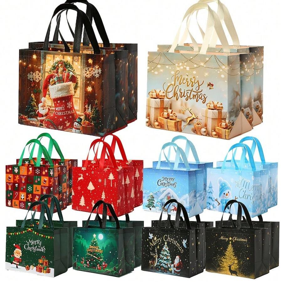 10/20pcs Set Large Christmas Gift Bags With Handles - Extra Large Party Gift Bags (12.8 X 9.84 X 6.99 Inches) - Printed With Santa Claus, Snowman And Christmas Tree Patterns, Reusable - Suitable For Holiday Shopping, Christmas Parties And Gift Giving - Ideal For Birthdays And Various Events, Cheerful Design, Durable And Sturdy, Also Serves As Festive Decoration - A - View 1