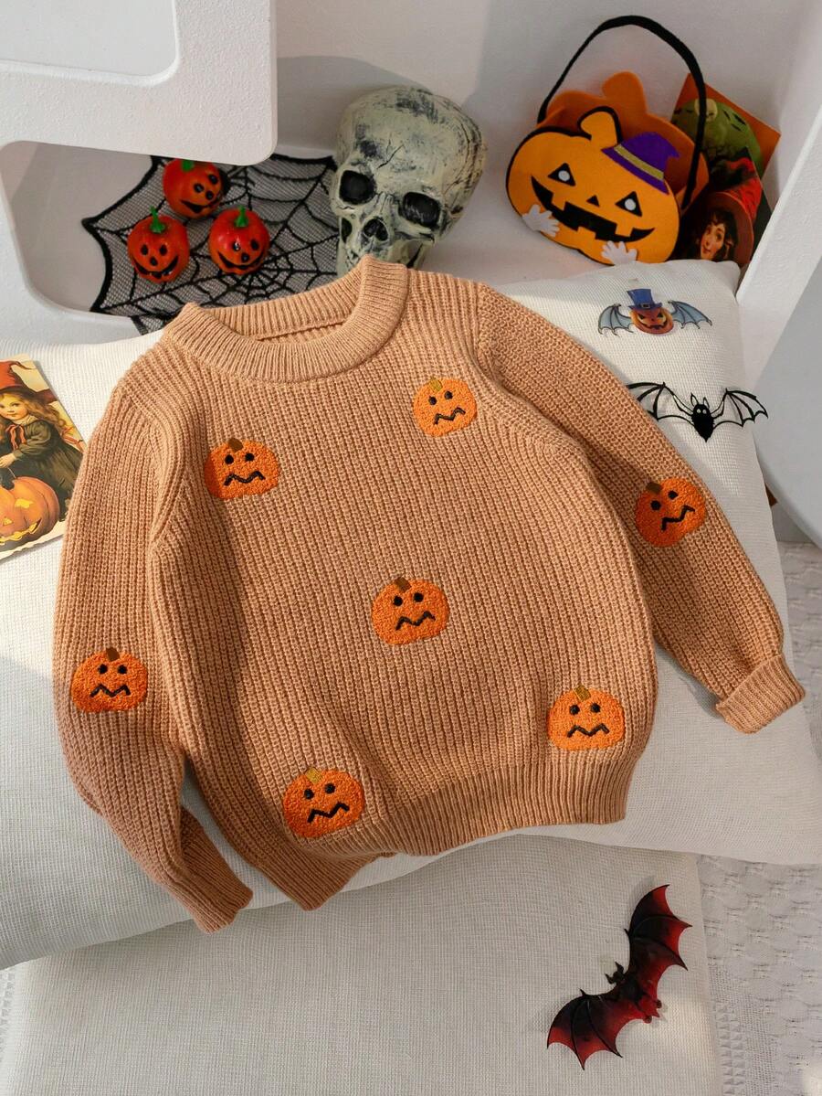 男孩女孩萬聖節南瓜刺繡圓領長袖針織毛衣,3D紋理趣味圖案休閒百搭節日套頭衫 - 橘色 - 查看 1
