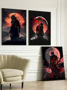 3-Piece Set Mysterious Warrior Wall Art, Red Moon And Mountain Background, Optional Frame - A - View 7