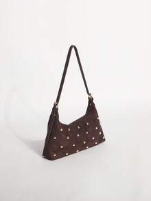 1pc Brown Textured Velvet Crescent Bag With Rivet Embellishment, Baguette Underarm Shoulder Bag For Women, Suitable For Commuting, Dating And Shopping - Coffee - View 7