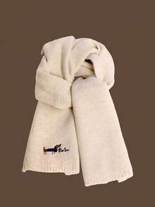 1pc Korean Style Versatile Embroidered Puppy Knitted Scarf Shawl Dual-Use Winter Warm Couple Knitted Neck Warmer - Beige - View 4