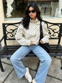 Seelio Spring/Autumn New Women's Fashion Casual Versatile Stand Collar Zipper Long Sleeve Polka Dot Jacket Coat Youthful Back To School - White Background With Black Polka Dots - View 2