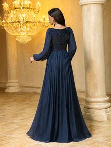 SUPGIR Women's Sweetheart Neckline Sequin Patchwork Lantern Sleeve Fitted Faux Silk Elegant Evening Gown - Navy Blue - View 2