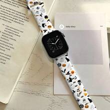 1pc White Halloween Black Cat Pattern Silicone Watch Band, Compatible With Apple Watch 38mm 40mm 41mm 42mm 44mm 45mm 46mm 49mm, Fashionable Cute Soft Comfortable Replacement Strap For Apple Watch Ultra 2 S12 S11 S10 SE 9 8 7 SE 6 5 4 3 2 1, Halloween Costume Accessory - Multicolor - View 2