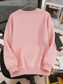 Girls And Teens Pink Crew Neck Sweatshirt With Creative Letter Combination Print Paired With Pink Wide Leg Pants, Fashionable And Versatile, Minimalist Yet Stylish Design Makes It An Ideal Choice For Casual Everyday Wear, Especially Suitable For Autumn And Winter - Pink - View 6