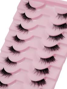 10 Pairs Half-Length False Eyelashes, Transparent Band, Cat Eye Style, Short Soft 3D Faux Mink Lashes, Natural Soft Makeup, Halloween - Black - View 2