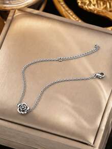 VceTd 1pc Romantic Elegant Rose Design Stainless Steel Chain Bracelet For Women, Suitable For Engagement, Wedding Or Valentine's Day Gift - Silver - View 1