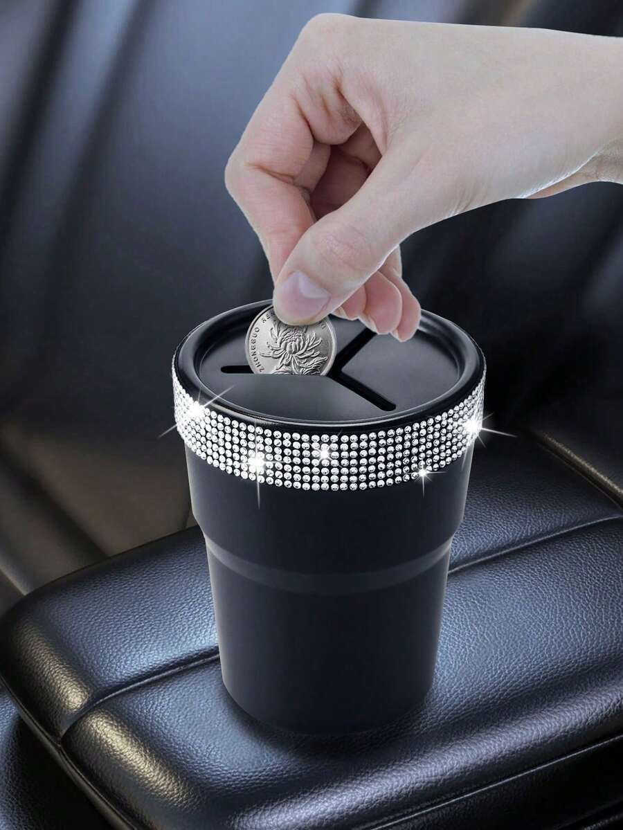 Fashionable Minimalist Rhinestone Car Coin Storage Cup, Multi-Functional Storage Cup, Anti-Slip Design, Convenient For Storing Loose Change, Practical And Convenient