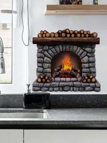 Simulation Firewood Fireplace Wall Sticker, Removable Self-Adhesive PVC Waterproof Sticker, Christmas Winter Atmosphere Decoration, Vintage Brick Flame Pattern, Home Makeover Sticker For Living Room, Fridge, Oven And More - Wall Stickers - View 9