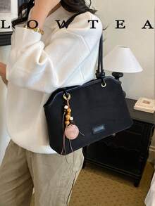 Low Tea 1件純色啞光PU布料單肩包，女款復古時尚休閒單肩包，雙手柄設計，拉鍊開合，適合日常出行、約會、通勤（含吊飾） - 黑色 - 查看 8