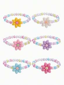 6 Pcs Flower Beaded Bracelet Set For Kids, Random Bright Colors, Cute Jewelry For Holiday Party Wear, Ideal Birthday Gift For Little Girls - Multicolor - View 2