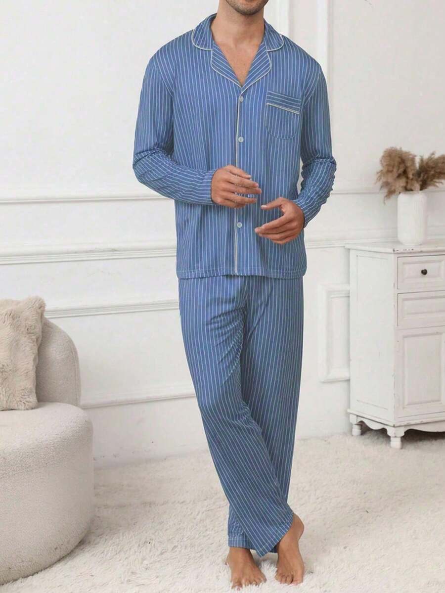 男士休閒睡衣套裝,秋冬款,翻領,鈕扣開襟,極簡對比色條紋印花,長袖,長褲,2件套,慵懶舒適清新保暖居家服 - 彩色 - 查看 1