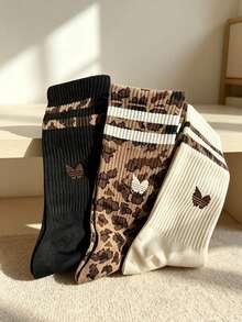 Random 4 Pairs Men's Leopard Print & Striped Patchwork Mid-Calf Socks, Retro Logo Design, Streetwear Style, Personalized Fashionable Multi-Color Socks - Multicolor - View 6