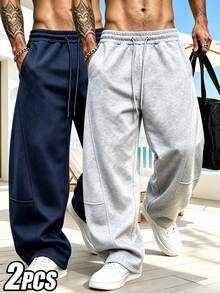 2pcs Men's Solid Color Casual Sports Pants, Drawstring Elastic Waist, Loose Streetwear Style Long Pants With Pockets, Suitable For Daily Commute - Multicolor - View 1