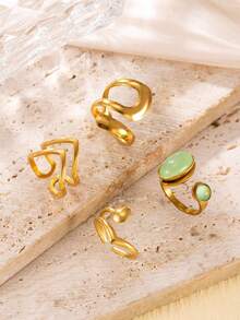 4pcs Vintage Luxury Stainless Steel Gold Ring Set, Inlaid With Light Green Gemstone, Geometric Open Design, Suitable For Women's Daily Wear, Dating, Holiday, Halloween, Saudi National Day - Gold - View 2