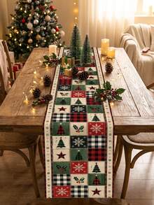 Christmas Patchwork Plaid Table Runner And Placemat Set, Christmas Tree Snowflake Holly Print Polyester Table Decor, Washable And Reusable, Christmas Party Home Decoration, Multiple Sizes Available - A - View 7