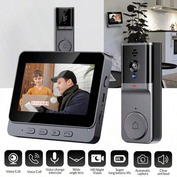 Wireless Video Doorbell, No Wifi/App Required. Equipped With 10.92cm Screen, Wireless Video Doorbell Security Kit, Supports Infrared Night Vision, Two-Way Audio, Suitable For Villas, Homes, Offices, Apartments