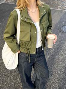 Women's Military Style Jacket, Short Slimming Design With Large Pockets And Cinched Waist, Motorcycle Jacket, Fashionable Autumn/Winter Outfit For Daily Commute, Party And Holiday - Army Green - View 4