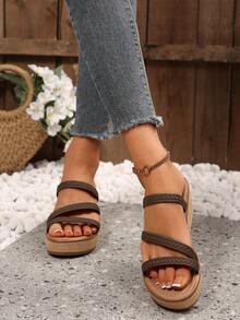 Spring/Summer New Vintage Classic Wedge Heel Thick Sole Sandals For Women, Casual Comfortable Open Toe Outdoor Wear - Coffee - View 4