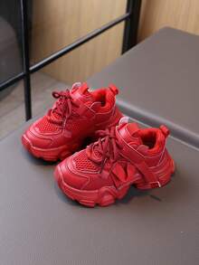 1 Pair Spring/Autumn Boys' Shoes, Colorful Girls' Sports Shoes, Soft Sole Chunky Sneakers - Red - View 2