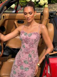UNITHORSE [Random Cut] Spaghetti Strap Waist-Cinched Backless Tie-Up Sequin Elegant Evening Gown - Pink - View 4