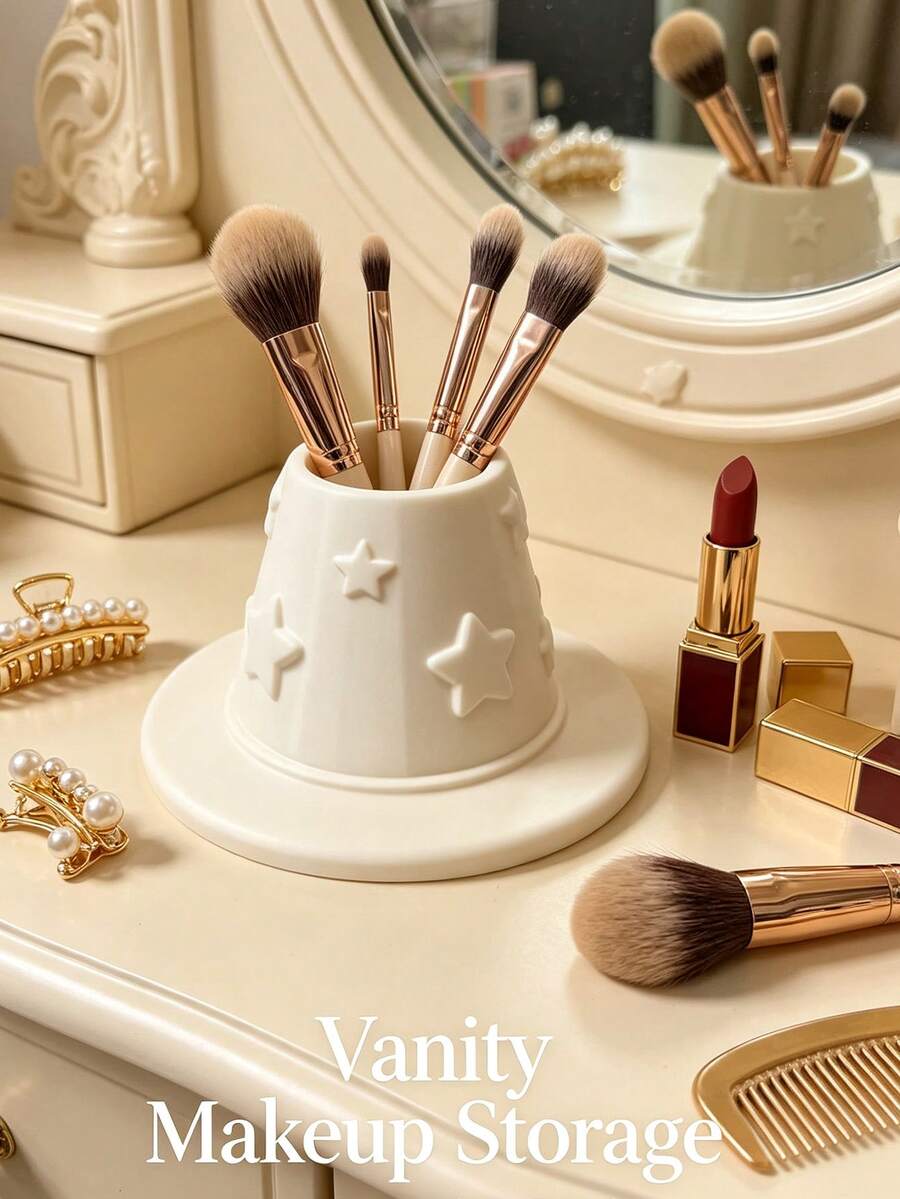 Highly Attractive White Star Embossed Makeup Brush Holder, INS Luxury Style Makeup Brush Organizer, Multi-Functional Vanity & Office Desk Storage Organizer - White - View 1