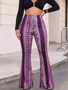 Bohemian Style Knitted Fabric Women's High Waist Flare Leg Pants, Paisley Print, Medium Stretch - Purple - View 1