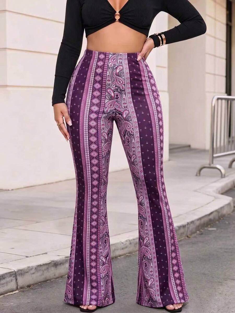 Bohemian Style Knitted Fabric Women's High Waist Flare Leg Pants, Paisley Print, Medium Stretch - Purple - View 1