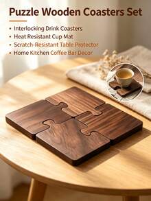 4pcs Puzzle Wooden Coasters Set, Interlocking Jigsaw‑Style Drink Coasters, Heat‑Resistant Scratch‑Proof Table Protector Cup Mats, Decorative Wood Coaster For Tea Coffee Mugs, Home Kitchen Coffee Bar Table Decor Accessories - Multicolor - View 5
