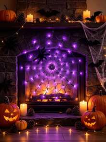 Halloween Spider Web Light, Glowing Spider Web With 1 Spider, Giant 1.2m Size, 70 LED Lights, 8 Lighting Modes, Suitable For Indoor/Outdoor Yard And Haunted House Decoration, Purple Light (Includes Spider) - Spider Web Light - View 7