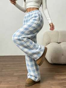 Women's Plaid Pattern Wool Sweater Straight Leg Casual Pants Comfortable Long Pants Autumn/Winter Fluffy Pajama Pants With Pockets Design - Baby Blue - View 5