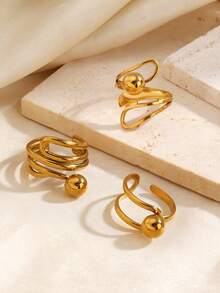 3pcs Stainless Steel 18K Gold Plated Fashion Line & Beaded Ring Set, Suitable For Women's Daily Wear And Shopping - Multicolor - View 6
