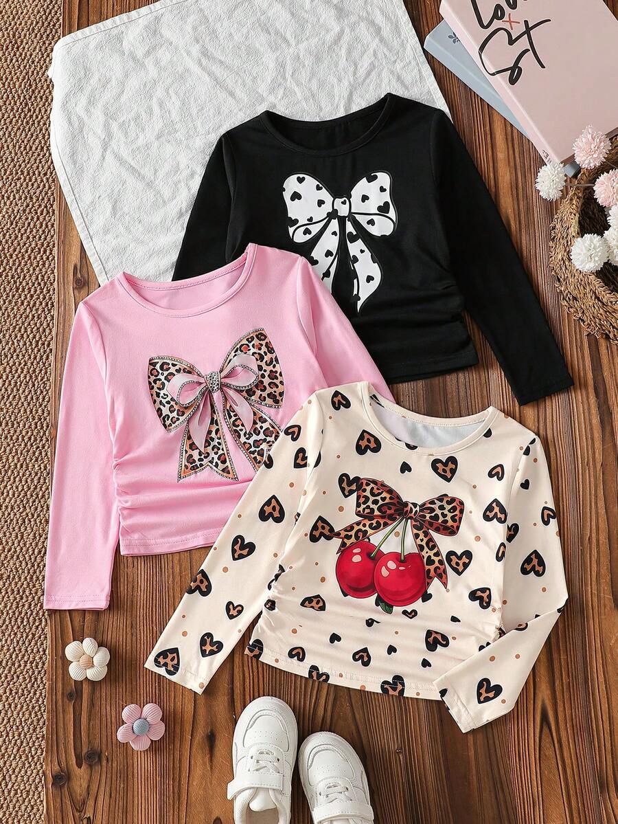 Girls 3pcs Set Round Neck Long Sleeve Base Layer T-Shirt, Leopard Print Bow Heart Cherry Print Side Ruched Versatile Inner Wear Top, 3-Piece Combo Set Suitable For Daily School Layering And Inner Wear - Multicolor - View 1