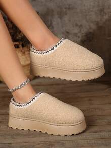 Thick Sole Thermal Lined Round Toe Slip-On Slippers With Fuzzy Lining, Snow Boots - Beige - View 6