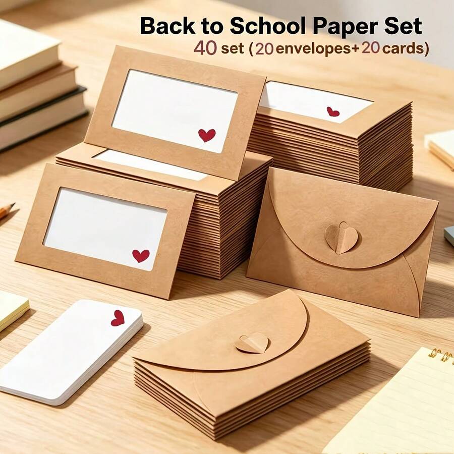 40pcs/Set Envelopes And Cards With Transparent Kraft Paper Window Stickers, Back To School Season Gift, Vintage Kraft Paper Envelopes, White Cardstock, Heart-Shaped Seal, Heart-Shaped Pattern Creative Gift Box, Suitable For Wedding, Birthday And Greeting Cards - Vintage Kraft Paper Heart Envelope - View 1