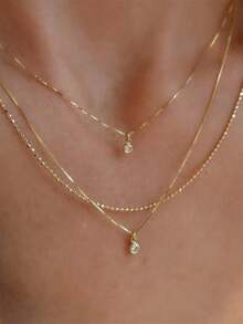 1pc Fashionable Multilayer Necklace With Gold-Color Cubic Zirconia Pendant, Suitable For Women's Daily Wear, Dates And Parties, Also A Perfect Gift For Friends - Yellow Gold - View 1