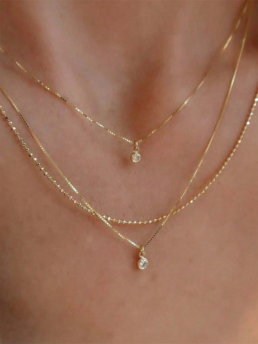 1pc Fashionable Multilayer Necklace With Gold-Color Cubic Zirconia Pendant, Suitable For Women's Daily Wear, Dates And Parties, Also A Perfect Gift For Friends - Yellow Gold - View 1