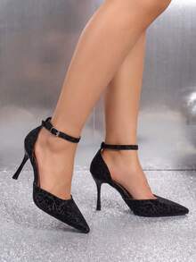 Women Pointed Toe D'Orsay High Heel Pumps, Black Embossed Flocked Ankle Strap Stiletto Heels, Formal Party Dress Shoes - Black - View 4